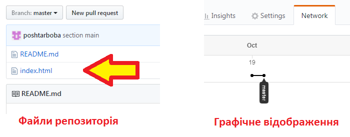 Repository and Network view in GitHub